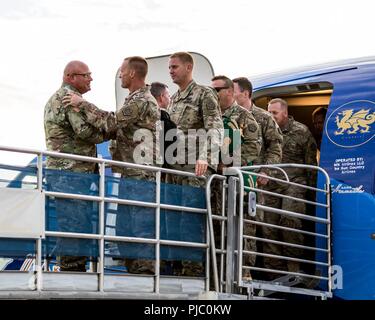 Soldaten mit der 3637Th Support Wartung Unternehmen Hände schütteln mit Generalmajor Michael Zerbonia, stellvertretender Adjutant General - Armee, Illinois nationalen Schutz, da die Einheit landet auf Abraham Lincoln Capital Airport, Springfield, Illinois, Juli 18. Das Gerät zurück von der Bereitstellung zur Unterstützung der Operation Spartan Schild. Stockfoto