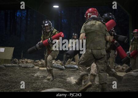 Us Marine Corps Rekruten der Echo-Gesellschaft, 2.BATAILLON, rekrutieren Training Regiment, Kampf mit pugil hängt während der tiegel Juli 20, 2018, auf Parris Island, S.C. Die Schulung ist Teil des Marine Corps Martial Arts Programm, das hilft, die Warrior ethos durch den Einsatz von bewaffneten und unbewaffneten Techniken aus verschiedenen Kampfsportarten Echo Unternehmen zu erzeugen ist, Absolvent Aug 3, 2018 geplant. Parris Island ist der Aufstellungsort des Marine Corps, Ausbildung rekrutieren seit Nov. 1, 1915. Heute, rund 19.000 Rekruten kommen auf Parris Island jährlich für die Chance, Vereinigten Staaten Marin werden Stockfoto