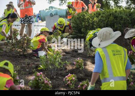 Kinder Freiwillige aus dem Nationalen Verband der Landschaft Professionals (Nalp) Pflanze Blumen in Abschnitt 46 der Arlington National Cemetery, Arlington, Virginia, 16. Juli 2018. Über 400 freiwillige Landschaft Profis in 22. jährliche Erneuerung des NALP teilgenommen und Erinnerung Veranstaltung auf dem Arlington National Cemetery. Freiwillige kohlensäurehaltiges Rasen, Blumen gepflanzt, Bewässerung Rohre, und installierte Beleuchtung Schutz auf mehreren Bäumen. Stockfoto