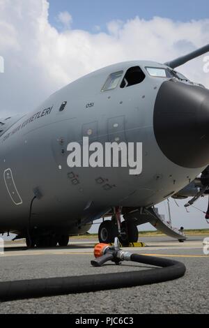 Ansicht der türkischen Airbus A400M während der 424Th Air Base Squadron 'Fire Fighter, Chièvres Air Base, Belgien, 12. Juli 2018. Stockfoto