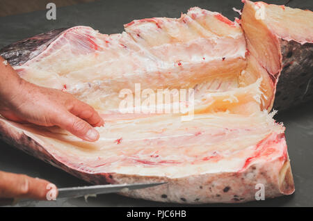 Reinigung der Fische und schneiden Sie es in Stücke. Die Hände eines Fischhändlers slicing Pintado Fisch. Pintado Fisch in die Hälfte geschnitten. Brasilianische Pintado Fisch, Leder Stockfoto