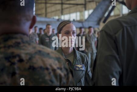 Kapitän Ryan J. Boyer, Kapitän Molly A. O'Malley, und Sgt. Garrett D. Mühlen der Marine schweren Helikopter Squadron (HMH) 462, Marine Aircraft Group (MAG) 16, 3. Marine Air Wing (MAW) die Medaille an Marine Corps Air Station Miramar, Calif., 24. Juli erhalten. Generalmajor Kevin M. IIams, 3. MAW kommandierender General, präsentiert die Marines die Medaille für ihre Helden und sofortige Bemühungen um die Sicherheit der Passagiere zu gewährleisten, nachdem Ihr Flugzeug Feuer beim Tanken Operationen vor der Küste von Okinawa, Japan, am Okt. 11, 2017 gefangen. (Marine Corps Stockfoto