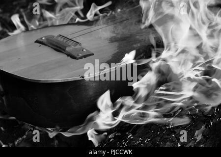 Schwarze und weiße Gitarre in Flammen auf Lagerfeuer im Wald Stockfoto