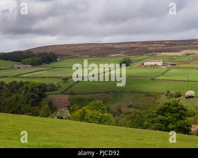 Landwirtschaftlich genutzten Feldern und Moorland oberhalb Heptonstall in der südlichen Pennines Hochland Region von England. Stockfoto