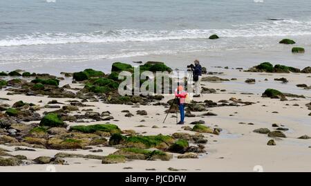Zwei Fotografen, die mit Stative am Strand, Sennen Cove, Cornwall, England, Großbritannien Stockfoto