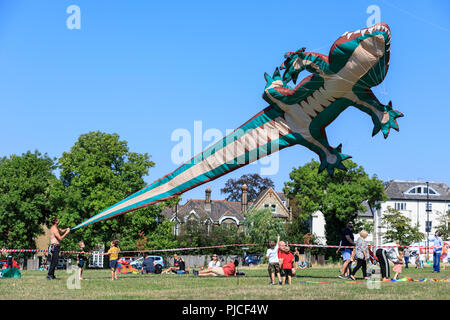 Brighton Drachenflieger fliegen ihre riesigen Krokodil in Streatham gemeinsame Kite Tag kite Festival, Streatham, London, UK Stockfoto