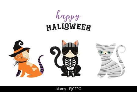 Happy Halloween - Katzen in Monster Kostüme, Halloween Party. Vector Illustration, Banner, Elemente einstellen Stock Vektor