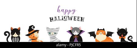 Happy Halloween - Katzen in Monster Kostüme, Halloween Party. Vector Illustration, Banner, Elemente einstellen Stock Vektor