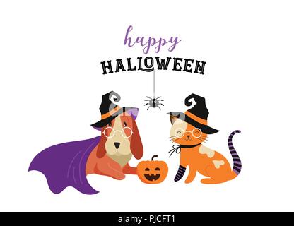 Happy Halloween - Katzen und Hunde in Monster Kostüme, Halloween Party. Vector Illustration, Banner, Elemente einstellen Stock Vektor
