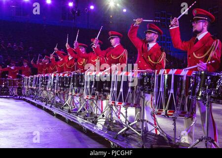 Die Swiss Army Central Band führt für die 2018 Basel Tattoo in Basel, Schweiz. Stockfoto