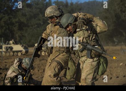 Ein U.S. Army Reserve Combat engineer Soldat aus der 350 Engineer Company, Bell, Kalifornien, hilft ein "Verwundeten" Soldat zurück in die hintere während einer kombinierten Waffen Verletzung zu einem Combat Support Training (CSTX) am Fort Hunter Liggett, Kalifornien, 22. Juli 2018. Diese Drehung der CSTX läuft durch den Monat Juli, Ausbildung Tausende von Soldaten der US-Army Reserve von einer Vielzahl von Funktionen, die mit der Militärpolizei, Medizin, Chemie, Logistik, Transport und vieles mehr gehören. Stockfoto