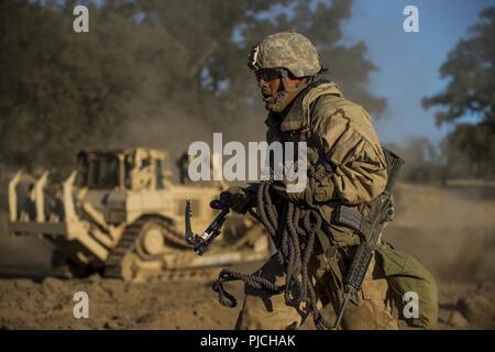 Ein U.S. Army Reserve Combat engineer Soldat mit der 350 Ingenieur Unternehmen, von Bell, Kalifornien, läuft zurück zum hinteren zu einem kombinierten Waffen Verletzung während eines Combat Support Training (CSTX) am Fort Hunter Liggett, Kalifornien, 22. Juli 2018. Diese Drehung der CSTX läuft durch den Monat Juli, Ausbildung Tausende von Soldaten der US-Army Reserve von einer Vielzahl von Funktionen, die mit der Militärpolizei, Medizin, Chemie, Logistik, Transport und vieles mehr gehören. Stockfoto