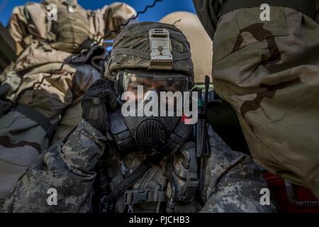 Ein U.S. Army Reserve Combat engineer Soldat aus der 374 Engineer Company, Concord, Kalifornien, funktioniert das Radio nach dem Abschluss einer kombinierten Waffen Verletzung während eines Combat Support Training (CSTX) am Fort Hunter Liggett, Kalifornien, 22. Juli 2018. Diese Drehung der CSTX läuft durch den Monat Juli, Ausbildung Tausende von Soldaten der US-Army Reserve von einer Vielzahl von Funktionen, die mit der Militärpolizei, Medizin, Chemie, Logistik, Transport und vieles mehr gehören. Stockfoto