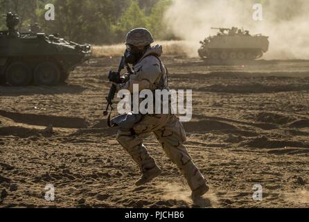 Ein U.S. Army Reserve Combat engineer Soldat aus der 374 Engineer Company, Concord, Kalifornien, läuft über eine kombinierte Waffen Verletzung Lane während eines Combat Support Training (CSTX) am Fort Hunter Liggett, Kalifornien, 22. Juli 2018. Diese Drehung der CSTX läuft durch den Monat Juli, Ausbildung Tausende von Soldaten der US-Army Reserve von einer Vielzahl von Funktionen, die mit der Militärpolizei, Medizin, Chemie, Logistik, Transport und vieles mehr gehören. Stockfoto