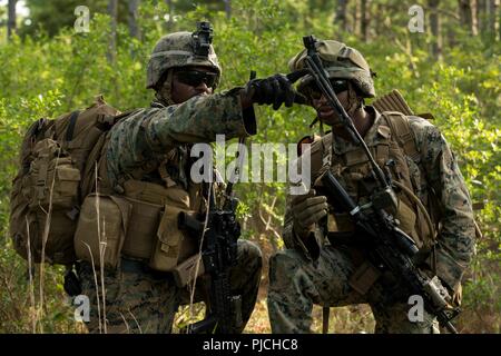 Us-Marines mit 3Rd Battalion, 14th Marine Regiment direkte Bewegung während eines fiktiven Raid bei Marine Corps abgelegenen Landeplatz im Atlantik, N.C., 19. Juli 2018. Die raid wurde Teil der Marine bereit, die Übung in der Vorbereitung für die Bereitstellung. Die Ausbildung verbessert die Fähigkeit der Einheit zu erfassen jedes Hoheitsgebiet, Kontrolle und, während die Optimierung insertion Taktik. Stockfoto