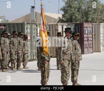 AMMAN, Jordanien - Oberstleutnant Jeramy Hopkins (links) und Command Sergeant Major Luis Ferretti, Commander und Sergeant Major der eingehende Einheit, die 1. Staffel, 18 Cavalry Regiment, Oklahoma Army National Guard, stehen an Aufmerksamkeit nach uncasing Flagge der Einheit während der Übertragung der Autorität Zeremonie. Stockfoto