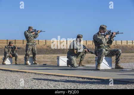 Us-Marines an der Bekämpfung der Treffsicherheit Coach's Kurs (CMC), führen Sie eine Einarbeitung live - Brand in Edson, Marine Corps Base Camp Pendleton, Kalifornien, 23. Juli 2018. CMC ist eine dreiwöchige Kurs lehrt, dass die Marines die Grundlagen der Treffsicherheit sowie Coaching für Marines trainieren und Rekruten. Stockfoto