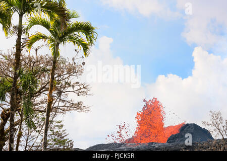 Lava aus Kilauea Vulkan ausbricht aus einer Spalte auf Pohoiki Road, nur außerhalb von Leilani Estates Unterteilung, und neben der Puna Geothermie Ventures Stockfoto