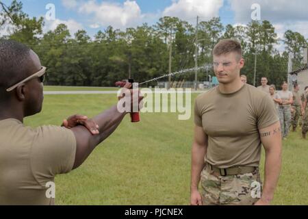 Georgia Armee Nationalgarde aus der 190 Militärpolizei Bataillon durchgeführt Oleoresin capsicum (OC) Ausbildung während weniger tödliche Training am 20 Juli, 2018 at Fort Stewart, Ga militärischen Polizisten zu den OC sie auf dem Feld nutzen die Wirkungen und Vertrauen in Nutzung Während auf Patrouille zu verstehen ausgesetzt sind. Army National Guard Stockfoto