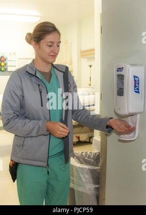 1. Lt Briana Hoffer, eingetragene Krankenschwester und Infektion Steuereinheit Koordinator, Chirurgische Abteilung, William Beaumont Army Medical Center", Gele, "als Teil der Hand hygiene Praxis an der WBAMC, Juli 24. WBAMC led andere militärische Anlagen zur Behandlung von seiner Größe in der U.S. Army Medical Command (MEDCOM) in der Wahrnehmung der Anbieter im Gesundheitswesen üben hand Hygiene während der stationären Behandlung für das zweite Quartal des Geschäftsjahres 2018, nach TRICARE stationäre Umfragen zur Kundenzufriedenheit (TRISS). Stockfoto