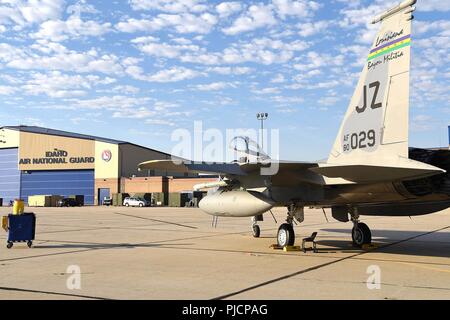 Ein Louisiana Air National Guard F-15C Flugzeuge aus Die 159 Fighter Wing sitzt auf dem Flug Linie an gowen Field Air National Guard Base in Boise, Idaho, 18. Juli 2018. Die 159 FW werden unterschiedliche Air Combat Training mit 124 des Idaho National Guard Fighter Wing über den Berg Startseite Komplex. Stockfoto