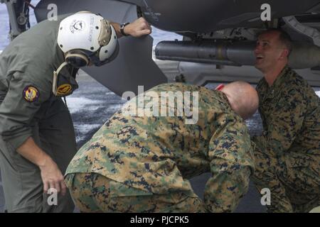 Freigegeben PAZIFISCHER OZEAN (16 Juli 2018) - Marine Corps. Colonel Chandler S. Nelms, rechts, kommandierender Offizier der 13 Marine Expeditionary Unit (MEU), prüft eine F-35B Blitz II Joint Strike Fighter zu Marine Fighter Attack Squadron (Vmfa) 211 Anhang folgenden eine Rakete onload an Bord Wasp-Klasse amphibisches Schiff USS Essex (LL 2), die während einer planmäßigen Einsatz von Essex Amphibious Ready Group (ARG) und 13 MEU. Das Essex ARG/MEU Team ist ein stark, flexibel, reaktionsschnell und gleichbleibende Kraft in der Lage, Manöver Kriegsführung in allen Domänen; es ist ausgestattet und skalierbar zu reagieren. Stockfoto