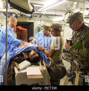 Us-Armee Soldaten zu Buchen 228th Combat Support Hospital zugewiesen, basierend aus San Antonio, Texas, für die medizinische Versorgung für eine simulierte Patienten in einem abgetrennten Anzug während der globalen Medic CSTX 91-18-01, am Fort Hunter Liggett, Kalifornien, 21. Juli 2018. CSTX 91-18-01 ist ein Kampf Support Training übung, die sicherstellt, dass America's Army Reserve Einheiten und Soldaten ausgebildet sind und bereit, auf kurze bereitstellen - Bekanntmachung und fähig, Bekämpfung bereit, und tödlichen Fähigkeiten zur Unterstützung der Armee und unsere gemeinsamen Partner überall in der Welt. Stockfoto