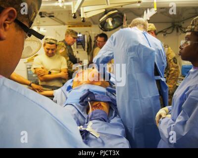 Us-Armee Soldaten zu Buchen 228th Combat Support Hospital zugewiesen, basierend aus San Antonio, Texas, für die medizinische Versorgung für eine simulierte Patienten in einem abgetrennten Anzug während der globalen Medic CSTX 91-18-01, am Fort Hunter Liggett, Kalifornien, 21. Juli 2018. CSTX 91-18-01 ist ein Kampf Support Training übung, die sicherstellt, dass America's Army Reserve Einheiten und Soldaten ausgebildet sind und bereit, auf kurze bereitstellen - Bekanntmachung und fähig, Bekämpfung bereit, und tödlichen Fähigkeiten zur Unterstützung der Armee und unsere gemeinsamen Partner überall in der Welt. Stockfoto