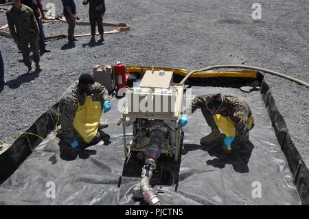 Marine Corps Cpl. Marcus Bellamy (links) und Marine Corps Sgt. Andrew Grable Beobachten der Hammonds Modell TPI-3 T-3 ein tragbares Flüssigkeit versorgt Additiv Einspritzdüse additizes Commercial jet Fuel während der Rand der Pazifischen übung, Juli 17. Stockfoto