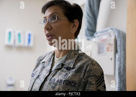 Command Chief Master Sgt. Ericka Kelly, Air Force Reserve Command, spricht zu finden Bürger Flieger mit den 413 Aeromedical Staging Squadron Juli 14, 2018, bei Robins Air Force Base, Ga. Kelly Air Force begann ihre Karriere in der medizinischen Karriere Feld, das als medizinischer Techniker, aeromedical evacuation Handwerker und anderen medizinischen Führungspositionen. Stockfoto