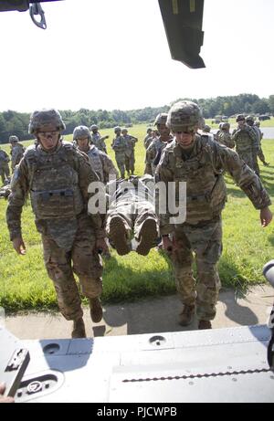 FORT KNOX, Ky. - 1 Theater Sustainment Command (TSC) Soldaten führen einen Wurf weiter auf ein HH-60 M Krankenhaus Blackhawk während einer medizinischen Evakuierung (Medevac) Training, Juli 12. Die 1. TSC Soldaten gelernt, wie man zu errichten und einen einzelnen Kanal, Boden- und Radio-System verwenden, einen Unfall zu bewerten und taktische Sorgfalt ausgeführt, Anfrage MEDEVAC Unterstützung und Sicherheit von Flugzeugen sowie taktische Antenne Flugbetrieb. Stockfoto