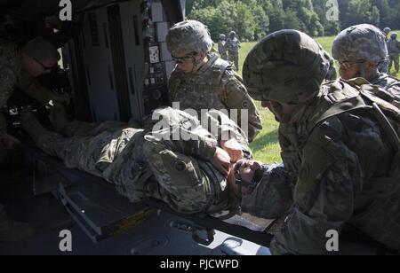 FORT KNOX, Ky. - 1 Theater Sustainment Command (TSC) Soldaten führen einen Wurf weiter auf ein HH-60 M Krankenhaus Blackhawk während einer medizinischen Evakuierung (Medevac) Training, Juli 12. Die 1. TSC Soldaten gelernt, wie man zu errichten und einen einzelnen Kanal, Boden- und Radio-System verwenden, einen Unfall zu bewerten und taktische Sorgfalt ausgeführt, Anfrage MEDEVAC Unterstützung und Sicherheit von Flugzeugen sowie taktische Antenne Flugbetrieb. Stockfoto