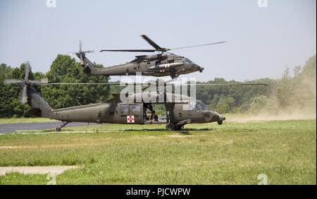 FORT KNOX, Ky. - Ein im Aviation Brigade (Usa) HH-60 M Krankenhaus Blackhawk landet auf dem Trainingsgelände während einer medizinischen Evakuierung (Medevac) Ausbildung, mit der 1 Theater Sustainment Command (TSC) Juli 12. Die 1. TSC Soldaten gelernt, wie man zu errichten und einen einzelnen Kanal, Boden- und Radio-System verwenden, einen Unfall zu bewerten und taktische Sorgfalt ausgeführt, Anfrage MEDEVAC Unterstützung und Sicherheit von Flugzeugen sowie taktische Antenne Flugbetrieb. Stockfoto