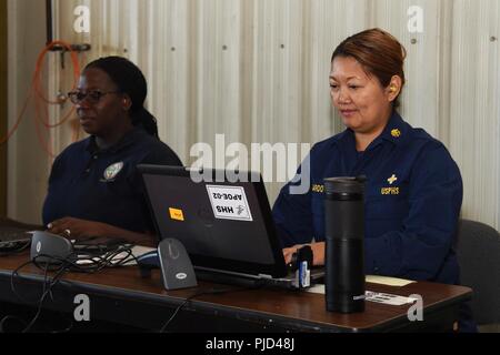 Cheryl Fajardo, der US-amerikanischen Public Health Service Commander, rechts, und Theresa Caesar, Mitglied des US-Ministeriums für Gesundheit und soziale Dienste, Links, Ihre Computer an Der En-Route-Patienten Staging System (ERPSS) während der PATRIOT Nord 18 am Fort McCoy, Wis., Juli 18, 2018 prüfen. PATRIOT ist ein inländischer Betrieb Disaster Response Training durch die National Guard Einheiten arbeiten mit Bundes-, Landes- und lokale Emergency Management Agenturen und Ersthelfer durchgeführt. Stockfoto