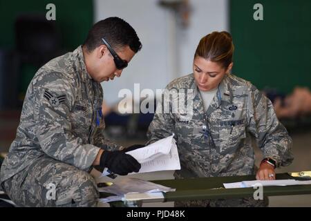 Älterer Flieger Michael Rodriguez, Medizintechnik, und 2 Lt Rachel Lenahan, Krankenschwester, sowohl aus der 118 Medical Group in Nashville, Tenn. Prüfen, ob der Patient sich bei Fehlern an Der En-Route-Patienten Staging System (ERPSS) während der PATRIOT Nord 18 am Fort McCoy, Wis., 18. Juli 2018. PATRIOT ist ein inländischer Betrieb Disaster Response Training durch die National Guard Einheiten arbeiten mit Bundes-, Landes- und lokale Emergency Management Agenturen und Ersthelfer durchgeführt. Stockfoto