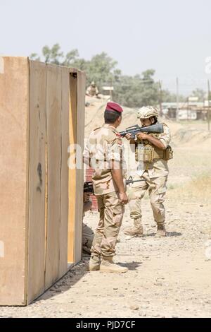 Irakische Soldaten mit 59Th Brigade verhalten Zimmer clearing Übungen während der Offensive urban Operations Training mit Neuseeland Defence Force Trainer im Camp Taji, Irak, 4. Juli 2018. Durch beschleunigte Erfolge gegen ISIS im Jahr 2017 aktiviert, Koalition Unterstützung für unsere Partner entwickelt, wie wir unsere Partner bei der Bereitstellung von Sicherheit, die Stabilisierung unterstützen. Stockfoto