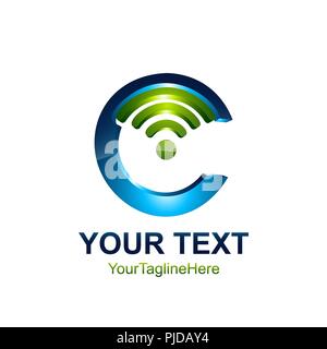 Anfangsbuchstabe C logo Vorlage Blau Grün mit wlan Icon Design für Business- und Unternehmensidentität Stock Vektor
