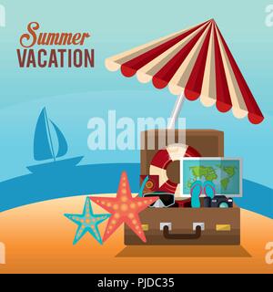 Sommer Urlaub Strand mit Symbolen Vector Illustration Design Stock Vektor
