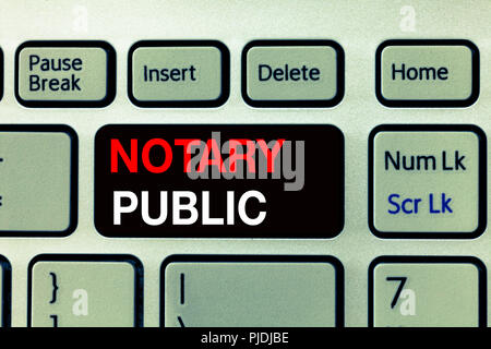 Konzeptionelle Hand schreiben, Notar. Business Foto text Rechtmäßigkeit der Autorisierung in der Dokumentation Zertifizierung Vertrag. Stockfoto