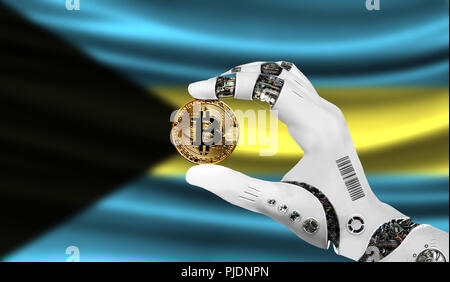 Crypto Währung bitcoin in der Hand des Roboters, der Begriff der Künstlichen Intelligenz, Hintergrund Flagge Bahamas Stockfoto