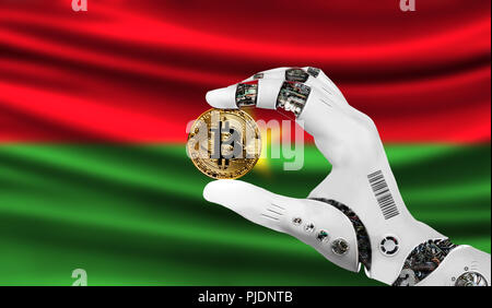 Crypto Währung bitcoin in der Hand des Roboters, der Begriff der Künstlichen Intelligenz, Hintergrund Flagge Burkina Faso Stockfoto