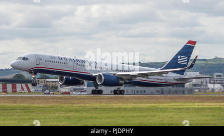 US Airways Flug gesehen, die für die transatlantische Reise, der Internationale Flughafen Glasgow, Renfrewshire, Schottland. Stockfoto
