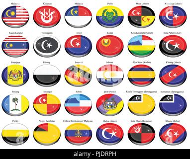 Reihe von Icons. Flaggen der Malaysischen Staaten und Städten. Vektor. Stock Vektor