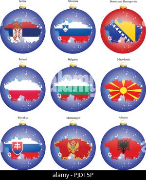 Reihe von Icons. Christbaum Kugeln mit Flaggen von Europa. Vektor. 3D. Stock Vektor