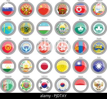 Reihe von Icons. Flaggen und Wappen der Asien. Stock Vektor