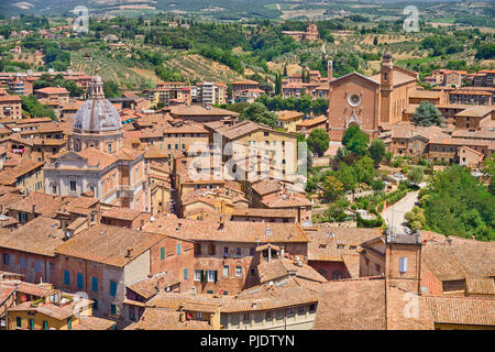 Italien, Toskana, Siena, Chiesa di Santa Maria in Provenzano und Basilika di San Francesco von der Oberseite des Torre del Mangia in Piazza del Campo. Stockfoto