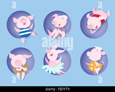 Happy Chinese New Year 2019 Symbol. Schweine, rundes Loch. Vector Illustration. Papier geschnitten und Handwerk Stil. Stock Vektor