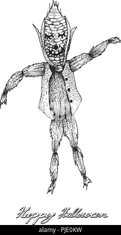 Urlaub, Reisen und Feiern, Illustration Hand gezeichnete Skizze der Vogelscheuche isoliert auf weißem Hintergrund. Zeichen für Halloween Festival. Stock Vektor