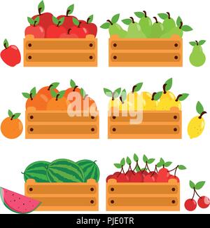 Set aus Holzkisten mit verschiedenen Früchten. Die Bauern vermarkten Produkte aus dem Garten und ernten Früchte in Kisten. Vektorabbildung Stock Vektor