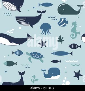 Sea Life, Wale, Delphine, nahtlose Muster Stock Vektor
